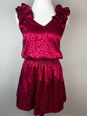 Entro Wine Leopard Jacquard Ruffle Mini Dress Small